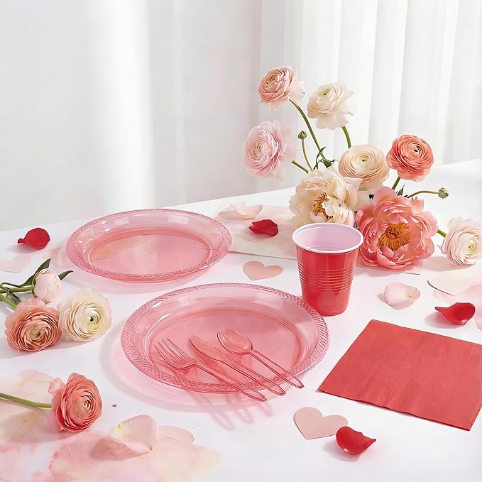 WELLIFE 210 PCS Clear and Red Plastic Plates for 30 Guests - Disposable Dinnerware Set Including Dinner Plates, Dessert Plates, 12oz Cups, Cutlery & Napkins, Red Party Plates for Valentines