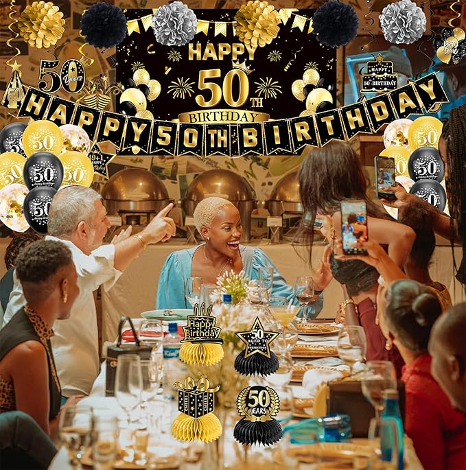50th Birthday Decorations, Pre-Strung Happy Birthday Banner with Balloons, Backdrop, Honeycomb Centerpieces, Hanging Swirl Streamers, Black Gold Happy Birthday Party Decorations for Men Women