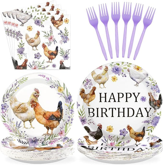 96Pcs Chicken Birthday Party Supplies Floral Chicken Hens Plates and Napkins Disposable Flower Farm Barnyard Animal Themed Tableware Set for Birthday Baby Shower Farmhouse Party Decorations Serves 24