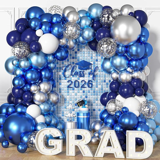 Ouddy Life 156Pcs Blue Silver Balloons Garland Arch Kit, Navy Royal Metallic Light Blue Silver White Confetti Balloon for Birthday Wedding Baby Shower Birdal Graduation Retirement Party Decorations