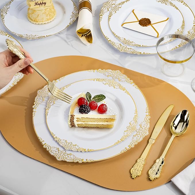 Bestluck 175PCS Gold Plastic Plates for 25 Guests, Disposable Dinnerware Sets Include 50 Gold Rim Plastic Plates, 25 Silverwares, 25 Cups, and 25 Pre Rolled Napkins for Party, Wedding and Graduation