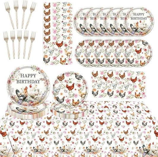 Chicken Birthday Tableware Decorations, 98PCS Chick Plates Napkins Tablecloth and Forks Party Supplies, Disposable Flower Farm Animal Baby Shower Decor for Boys Girls Serve 24