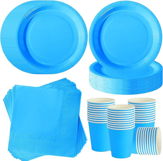 Sky Blue Party Plates Set, 120-Piece Disposable Dinnerware for 40 Guests, Heavy-Duty 7-inch Paper Plates, Cups & Napkins for Baby Shower Boy, Christening, Summer Party, Birthday