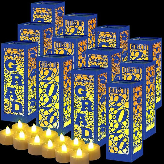 Rossesay 12 Pcs Graduation Table Centerpieces Boxes Class of 2026 Graduation Lanterns for Centerpieces with LED Candles Congrats Grad School College Photo Props for Party Table Decoration (Blue)