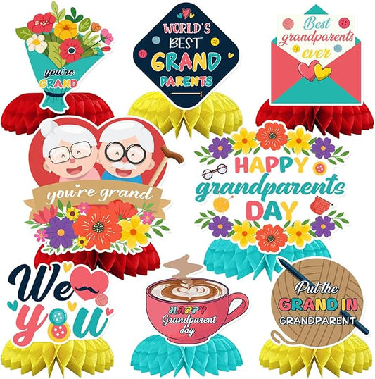 JULMELON 8PCS Happy Grandparents Day Decorations, Double Side Honeycomb Centerpieces for Tables Grandma and Grandpa Party Decorations Supplies