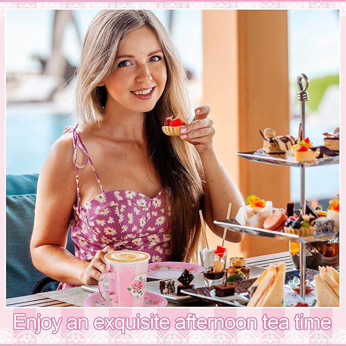Zopeal 100 Pcs Disposable Tea Party Decorations 9 oz Floral Paper Cup with Handle and Saucer Set for Mother Day Wedding Birthday Spring Princess Blossom Party Baby Shower Supplies(Pink)