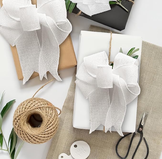 White Burlap Ribbon 2 inch X 10 Yard Natural Burlap Woven Ribbons DIY Handmade Edging Production Wreath Holiday Decoration Gift Ribbon for Gift Wrapping Jute Linen White Ribbons