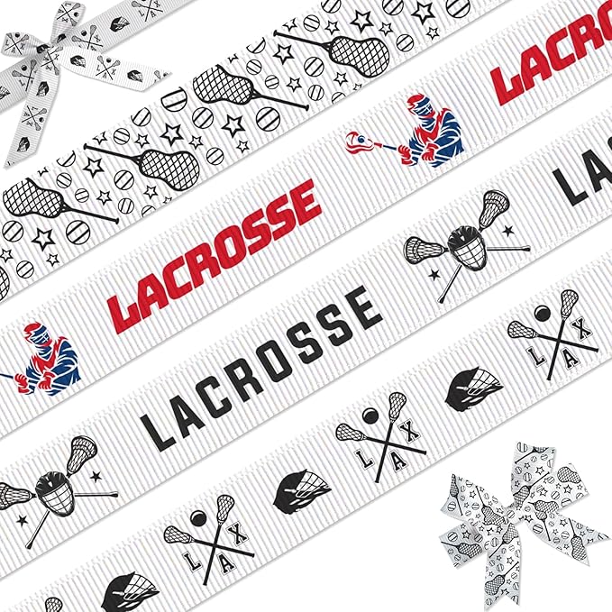 Lacrosse Ribbon - 4 Pack (7/8 Inch x 5 Yards Each), Sports Themed Grosgrain Ribbons - LAX Helmet, Stick & Ball Patterns - Gift Wrapping, Team Spirit, Hair Bows, Crafts