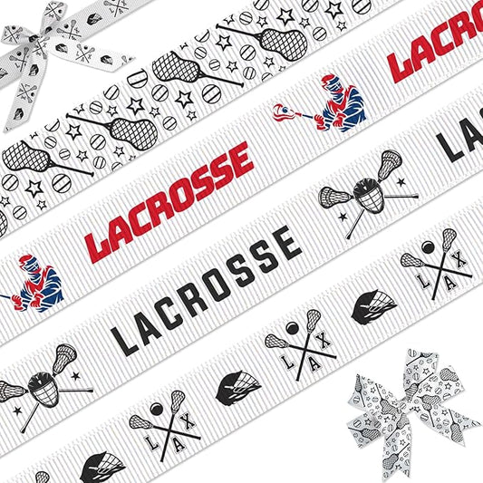 Lacrosse Ribbon - 4 Pack (7/8 Inch x 5 Yards Each), Sports Themed Grosgrain Ribbons - LAX Helmet, Stick & Ball Patterns - Gift Wrapping, Team Spirit, Hair Bows, Crafts