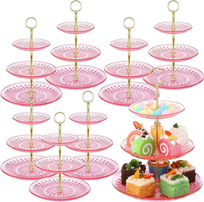 Patelai 8 Packs 3 Tier Crystal Acrylic Clear Cake Stand with Gold Round Holder Acrylic Cupcake Stand Holder for Home Wedding Holiday Birthday Baby Shower Tea Party (Clear Pink)