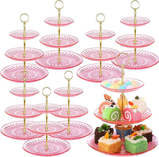 Patelai 8 Packs 3 Tier Crystal Acrylic Clear Cake Stand with Gold Round Holder Acrylic Cupcake Stand Holder for Home Wedding Holiday Birthday Baby Shower Tea Party (Clear Pink)