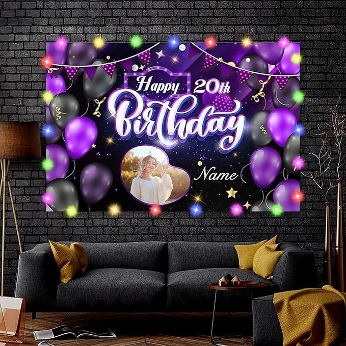 Custom Purple Happy Birthday Decorations Banner, Personalization Purple Happy Birthday Sign Birthday Party Supplies Photo Backdrop with Rose for Birthday Party Favor for Women Girl