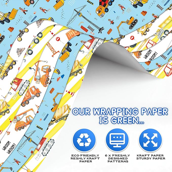 Gift Wrapping Paper Boy Kids Birthday Wrapping Paper Sheet Bulldozer Mixers Dumper Vehicles Pattern Excavator Tractor Dump Truck Road Under Construction Digger Wrapping Paper Birthday Gift Wrap