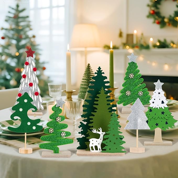 SUNBEAUTY Christmas Table Decorations 7PCS Mini Christmas Trees Felt Centerpieces for Table Decoration with Wooden Base Christmas Tabletop Home Holiday Xmas Party Decor