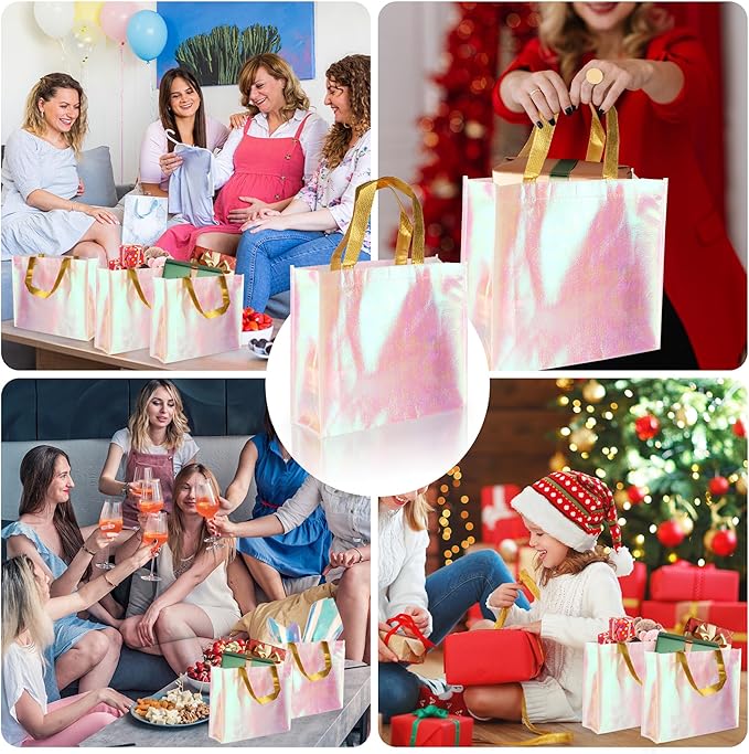 GouZaak 20 Pack Iridescent Gift Bags, Holographic Reusable Party Favor Gift Bags With Handles, 13 x 5 x 11 Inch Large Size Pink Bridesmaid Tote Bags, For Wedding Birthday Holiday
