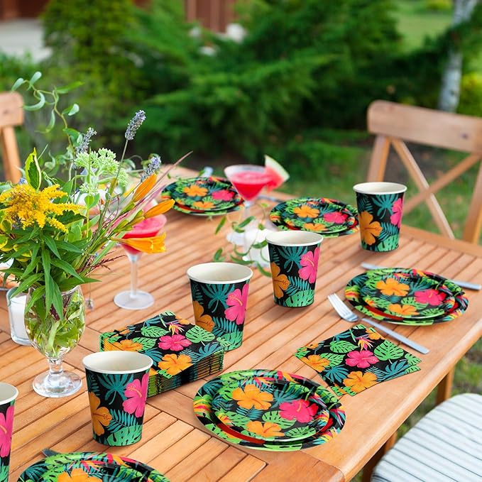 Jingmore 200 Pcs Tropical Nights Hawaiian Aloha Party Supplies Serve 50 Guests Luau Paper Plates Cups Napkins for Summer Beach Tableware Pool Party
