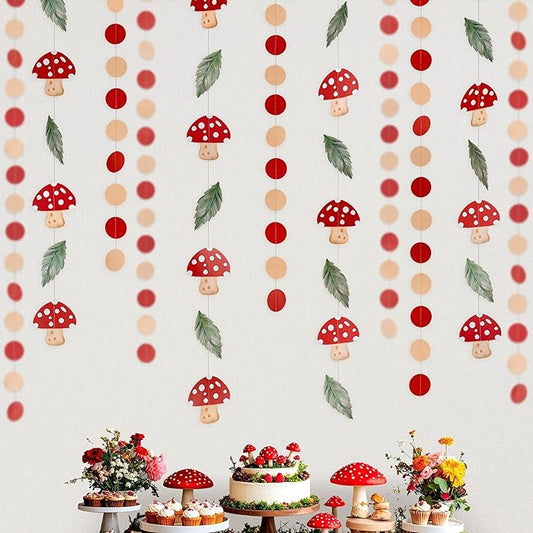 Cheerland Mushroom Party Garland Woodland Decorations Fairy Tale Banners Enchanted Forest Hanging Streamers for Birthday Baby Shower Bridal Garden Home Classroom Jungle Wonderland Decor Supplies 4pcs