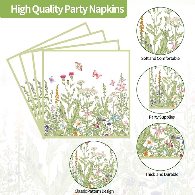 40 pcs Pary Paper Plates and Napkins Disposable Spring Flower 9 inch 20 pcs Dessert Party Plates & 20 pcs Napkins Tableware for Wedding Party Decorations