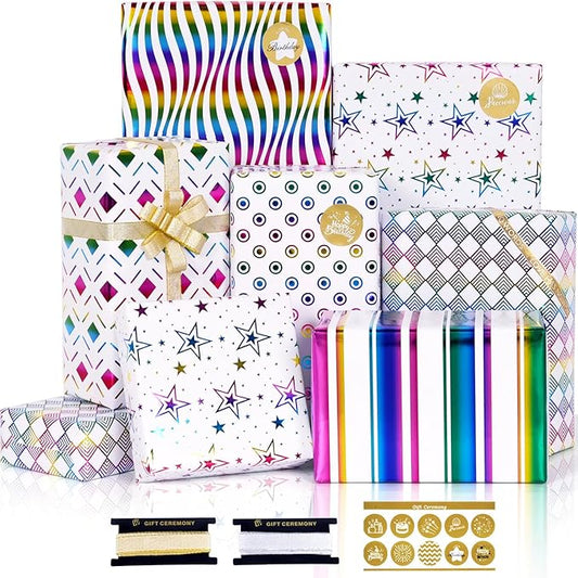 RUIFUN Gift Wrapping Paper, 6 Sheets Metallic Foil Birthday Wrapping Paper with Ribbon, Colorful Shiny Foil Gift Wrap Paper for Girls Women Birthday Christmas Wedding, 20 x 28 Inch
