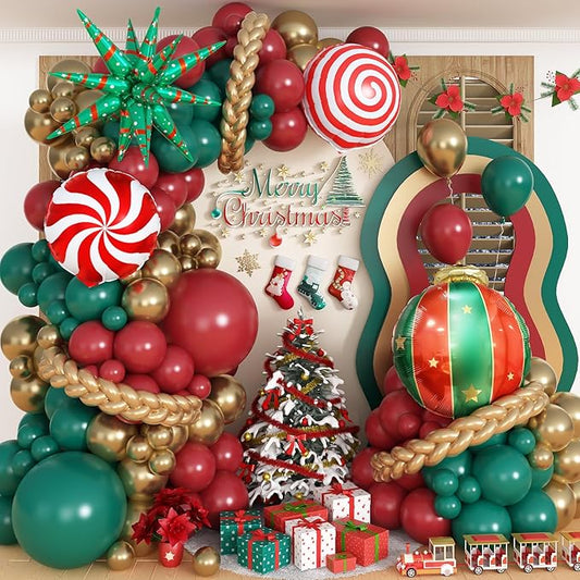 Christmas Balloon Garland Arch Kit, 101PCS Dark Red Green Gold Xmas Balloon Set with Lollipop Explosion Star Mylar Foil Balloons for New Year Holiday Birthday Prom Party Decorortions Supplies