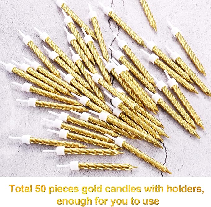 Blulu 50 Pieces Spiral Birthday Candles Metallic Cake Cupcake Candles for Birthday Wedding Party Decorations(Gold)