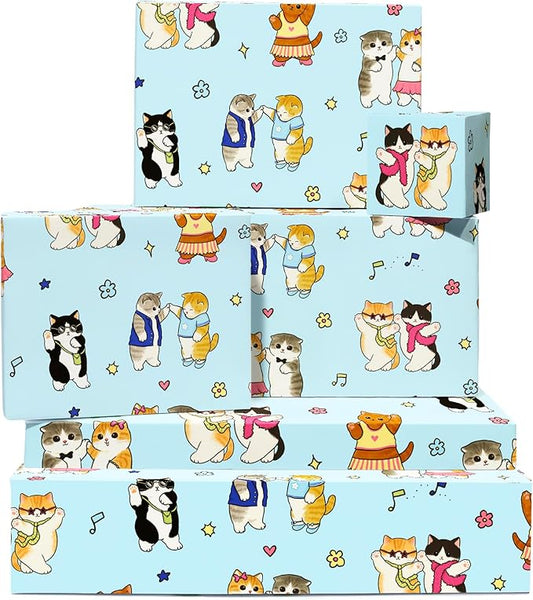 CENTRAL 23 Dancing Cats Wrapping Paper - 6 Sheets Gift Wrap for Cat Lovers Kids or Women - Birthday Party Music Theme - Cute Cats Dancing in Pairs on Blue Background - Comes with Tags