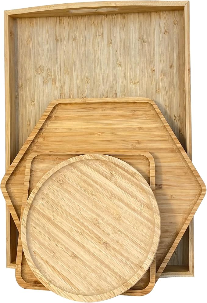 Bamboo Serving Trays Cutting Boards 16.5"x11.8"（42x30cm with Handle, Set Includes 0.63"(1.6cm) Thick Plates Hexagon 12.5"(32cm)+Square 7.8"(20cm)+Circle 7.8"(20cm) for Family Dinner Time