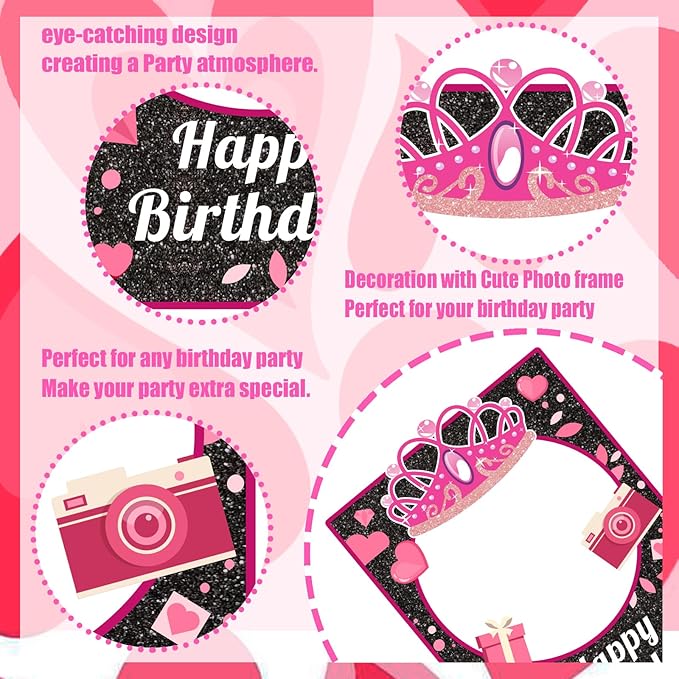 30 Pcs Pink Girls Birthday Photo Booth Props Kit - Hot Pink Princess Birthday Party Decoration Set with Real Glitter Cute Designs for Her, Funny Selfie Photo Booth Props for Kids Girls Any Bday Party