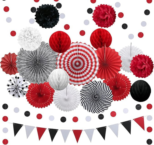 Red and Black Party Decorations, 23Pcs Hanging Paper Fans Party Decoration with Honeycomb Balls and Pom Poms Flowers for Birthday Wedding Graduation Game Night Boy Girl Party Decorations