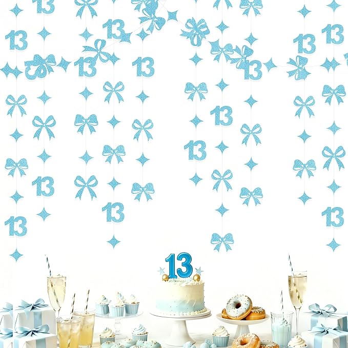Glitter Blue 13th Bow Birthday Decorations Teal Blue Conquette Bow Garland Streamer Banner Backdrop for Girls Happy 13th Birthday Official Teenager Cheers to 13 Years Old Anniversary Party Supplies