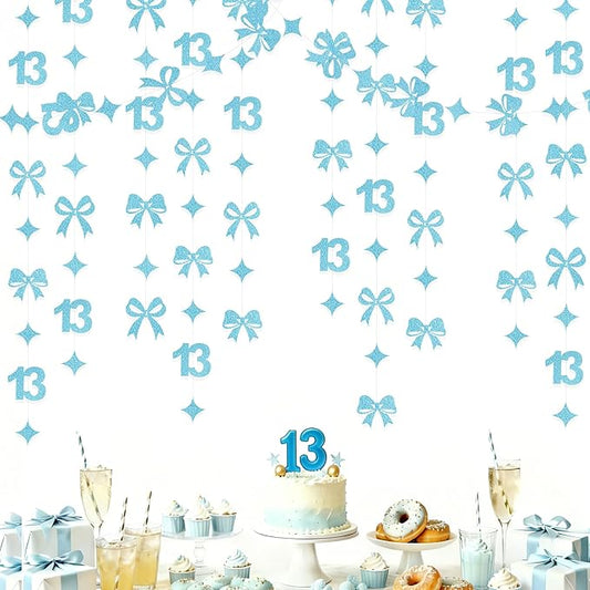 Glitter Blue 13th Bow Birthday Decorations Teal Blue Conquette Bow Garland Streamer Banner Backdrop for Girls Happy 13th Birthday Official Teenager Cheers to 13 Years Old Anniversary Party Supplies