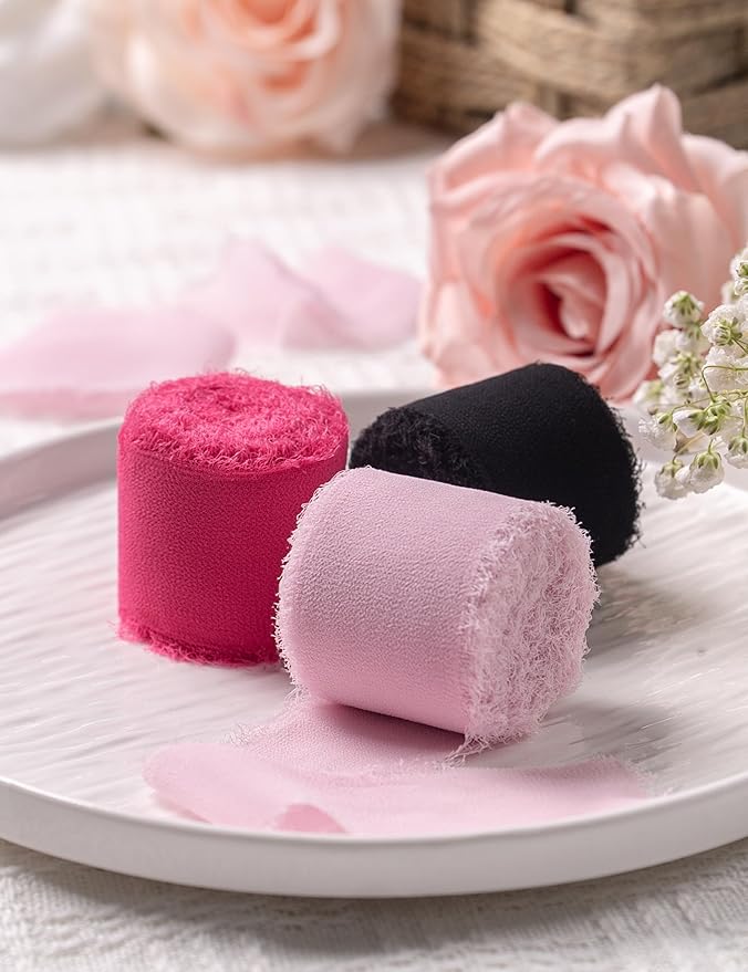 Chiffon Ribbon, Pink Black 1.5''x21Yd Frayed Fringe Halloween Ribbons for Gift Wrapping, Handmade Ribbon for Floral Vase, Mother's Day, Cartoon Party, Wedding, Birthday, Engagement, 3 Rolls