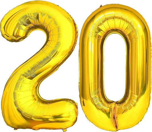 FIROMI 20 Number Balloons Gold Big Giant Jumbo Huge Foil Mylar 20 Balloon Numbers for 20th Birthday Party Anniversary Events Decorations 40-inches