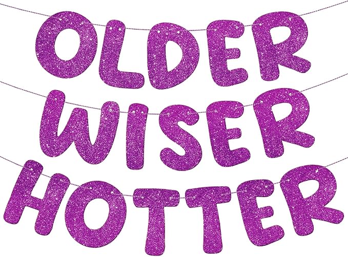 Fulmoon Set of 3 Pre Strung Older Wiser Hotter Glitter Banner Funny Birthday Banner for Women 30th 40th 50th 60th 70th 80th Birthday Party Decorations Sign Gift(Purple)