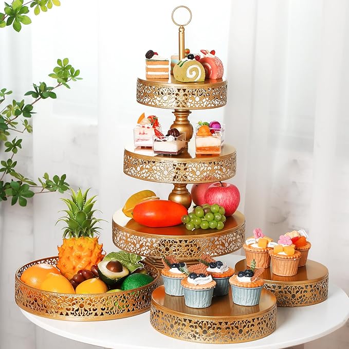 Dandat 2 Pcs Cupcake 3 Tiered Metal Dessert Stand Round Cupcake Tower Cake Holder Stand Tiered Serving Tray for Wedding Baby Shower Birthday Tea Party Table Decor(Gold)