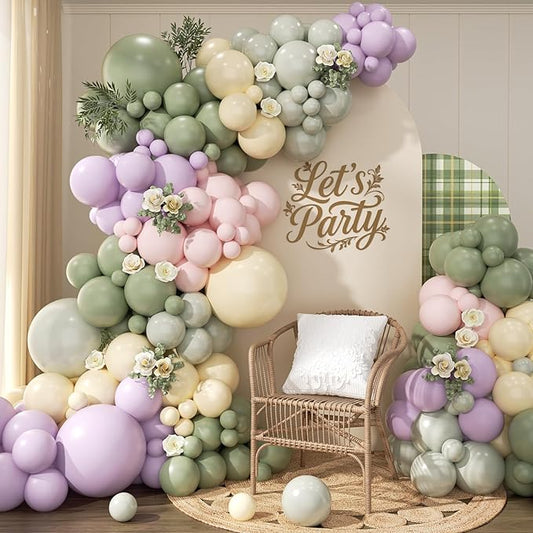 Pastel Balloon Arch Garland Kit 154pcs, Double Stuffed Light Green Sage Green Purple Yellow Macaron Pink Balloons Arch Kit for Wildflower Baby Shower Wedding Birthday Party Decorations