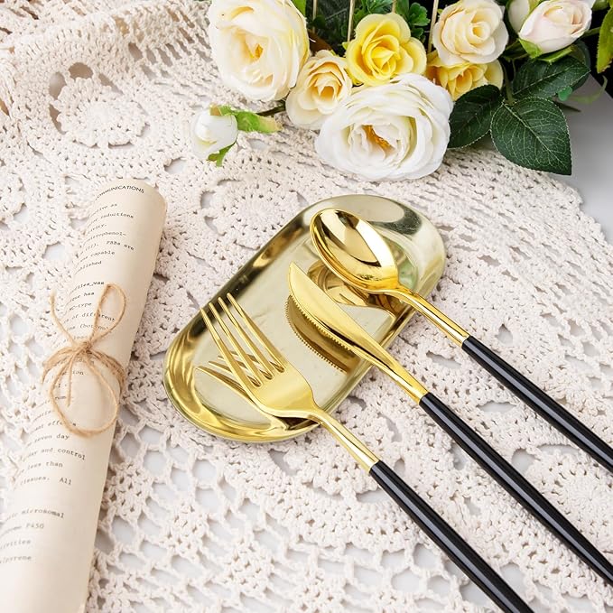 I00000 300Pcs Black Plastic Silverware, Happy New Year Gold Disposable Silverware, Black and Gold Plastic Utensils Include 100 Forks 100 Knives 100 Spoons,Disposable Cutlery for Wedding