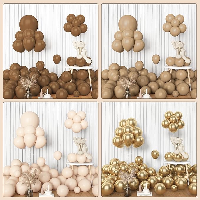 Amandir 153pcs Brown Balloon Garland Arch Kit, Different Sizes 18 12 10 5 inch Brown Nude Latex Metallic Confetti Gold Balloons for Neutral Bear Baby Shower Safari Birthday Party Decorations Supplies