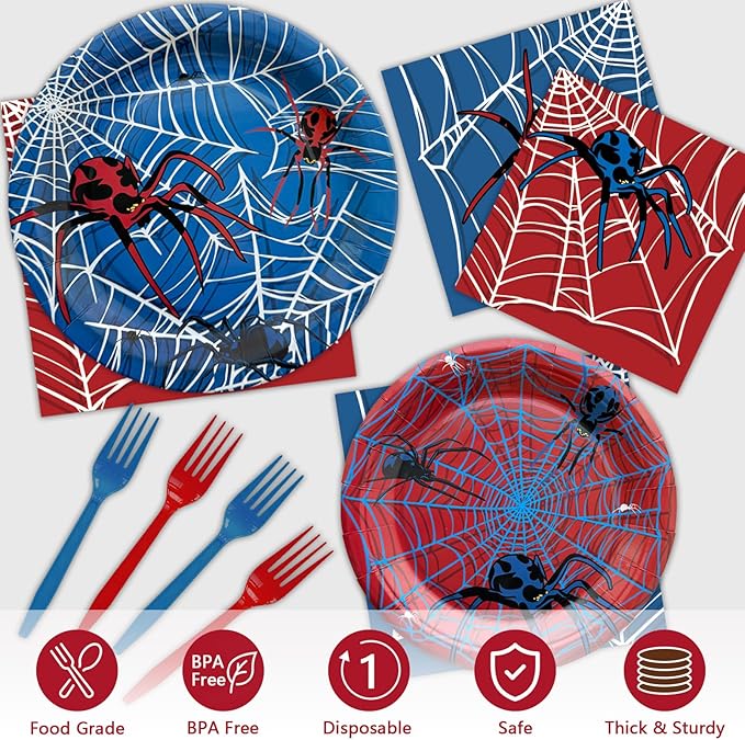 96 Pcs Spider Party Supplies Disposable Tableware Set Serve 24 Guests Include Spider Web Paper Plates and Napkins Plastic Forks for Birthday Party Baby Shower Halloween Decorations(Classic)