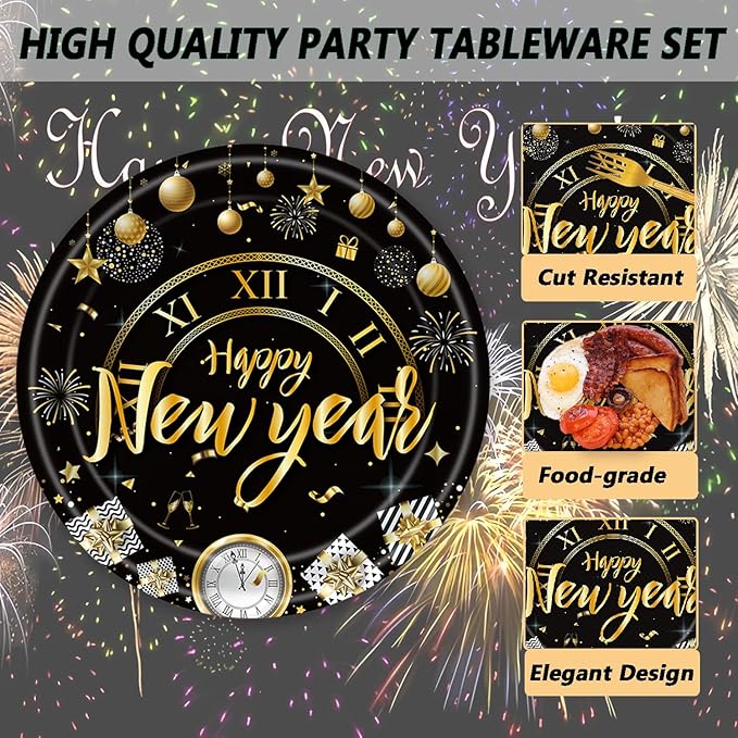 72Pcs Happy New Year Paper Plates and Napkins Black & Gold Party Plates 2026 New Year Party Supplies Tableware Set for New Year's Eve Holiday Decorations