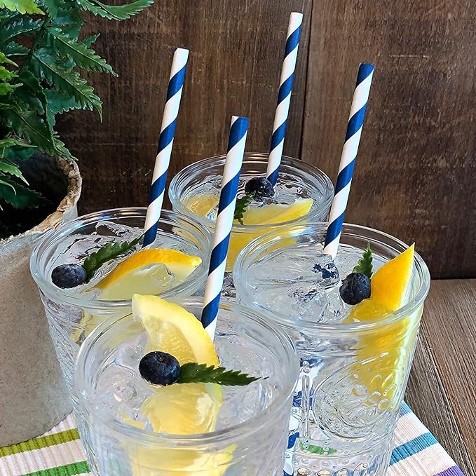 Navy and White Striped Paper Straws, Navy Blue And White Striped Paper Straws for Drinking Cocktail, Long 7.75 inch, Diameter 0.24 inch (100PCS)