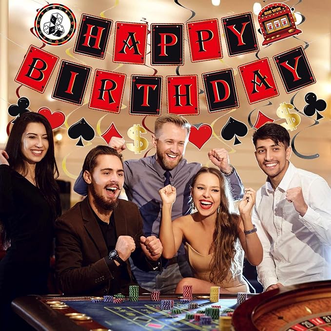 Pre-Strung 11PCS Casino Theme Happy Birthday Banners - Red Black Poker Birthday Party Decorations - Hanging Swirl Decor Supplies - Casino Games