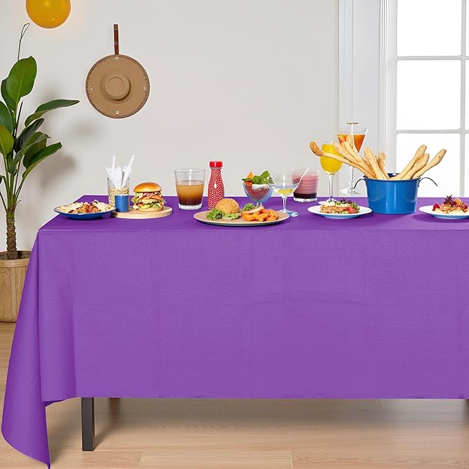 [6 Pack] Purple Paper Tablecloth Disposable for Rectangle Tables, 54 X 108 Inch Party Table Cover with Plastic Backing, Waterproof 3 Ply Table Cloth for Church Event Club Parties