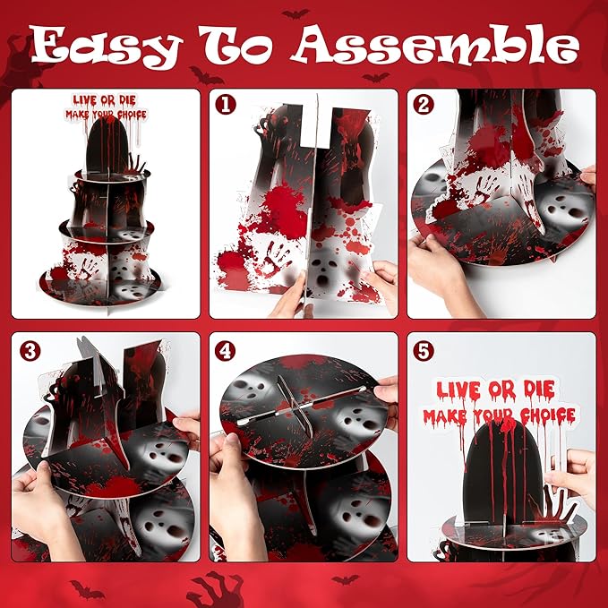 Haooryx Halloween Bloody Cupcake Stand - 3 Tier Scary Bloody Cupcake Tower Cardboard Ghost Palm Print Dessert Holder Pastry Platter for Halloween Theme Party Table Decoration Birthday Party Supplies
