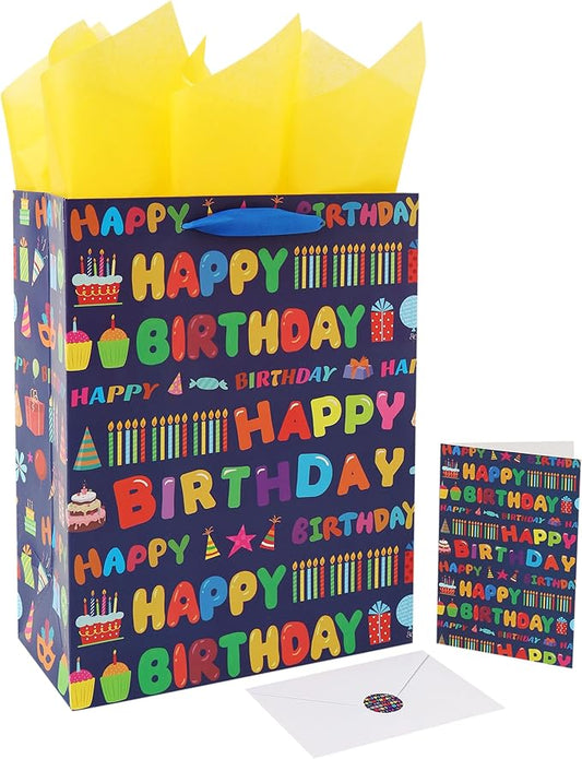 wishinside 13” Large Blue Happy Birthday Gift Bag Set with Handles, Greeting Card, Tissue Papers and Stickers for Boys Girls Kids Teens Men Women, Candles Cupcakes Design, 1 Pcs