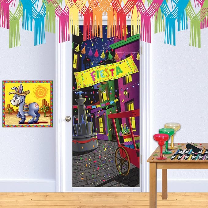 Beistle Fiesta Door Covers – 2-Count All-Weather Plastic Party Decorations for Entryways – Colorful Mexican Scene with Pinata & Banner for Cinco De Mayo Celebrations – 6' x 30"