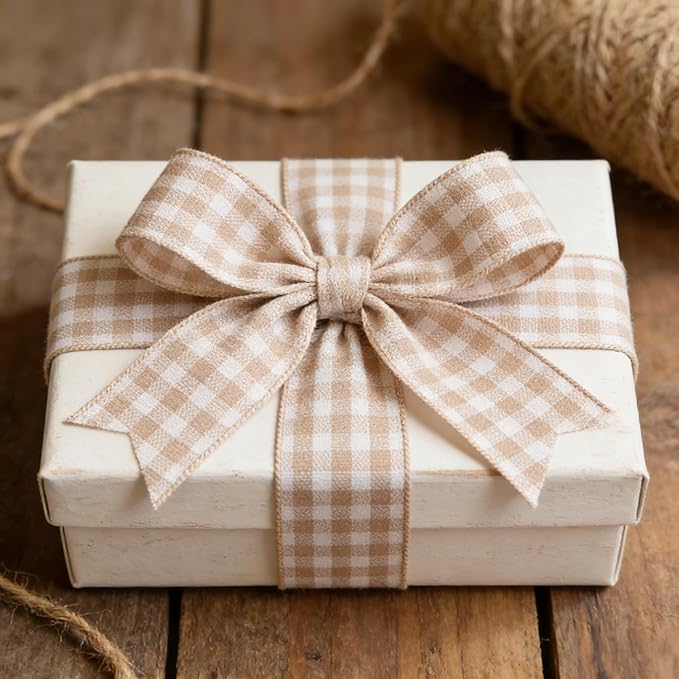 Meseey 10 Yards Tan and White Buffalo Plaid Burlap Ribbon,4 Inch Width Farmhouse Wired Ribbongs for Sewing, Crafting, Decoration, DIY Projects