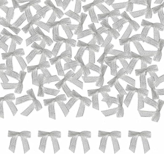 Meseey 100 Pcs 1.5 Inches Pretied Premade Craft Bows with Twist Tie Self Adhesive Satin Ribbon Bows for Treat Bags Gift Wrapping Basket Wedding Baby Shower Brithday Party (Metallic Silver)