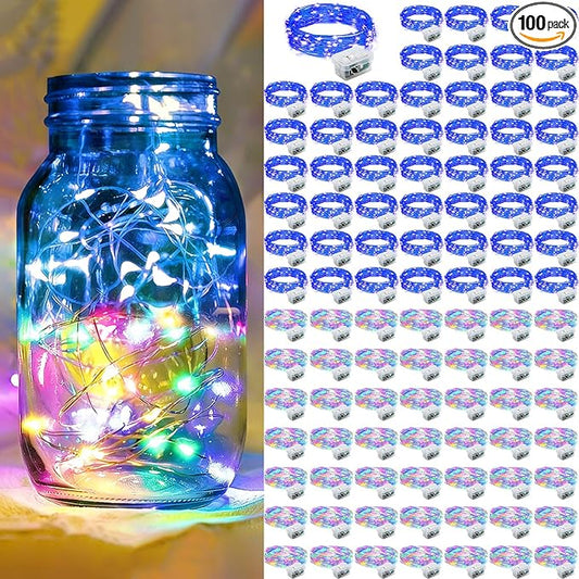 100 Pack Fairy Lights 7Ft 20 LED Twinkle String Lights Battery Operated Waterproof Firefly Starry for Mason Jar Party Wedding Christmas Valentines Day,Rainbow + Blue