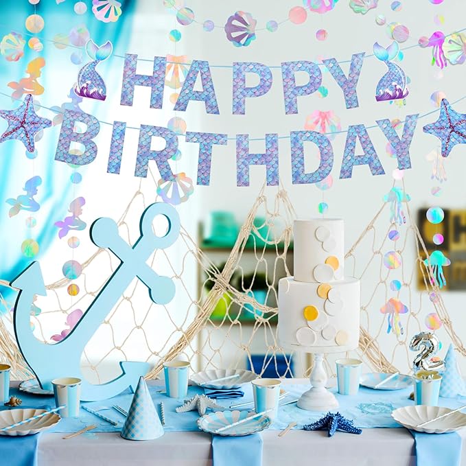 ZERODECO Mermaid Birthday Party Decorations, Iridescent Mermaid Garland, Happy Birthday Banner and Fishnet for Pirate Party, Nautical Decor, Under The Sea Party Decorations